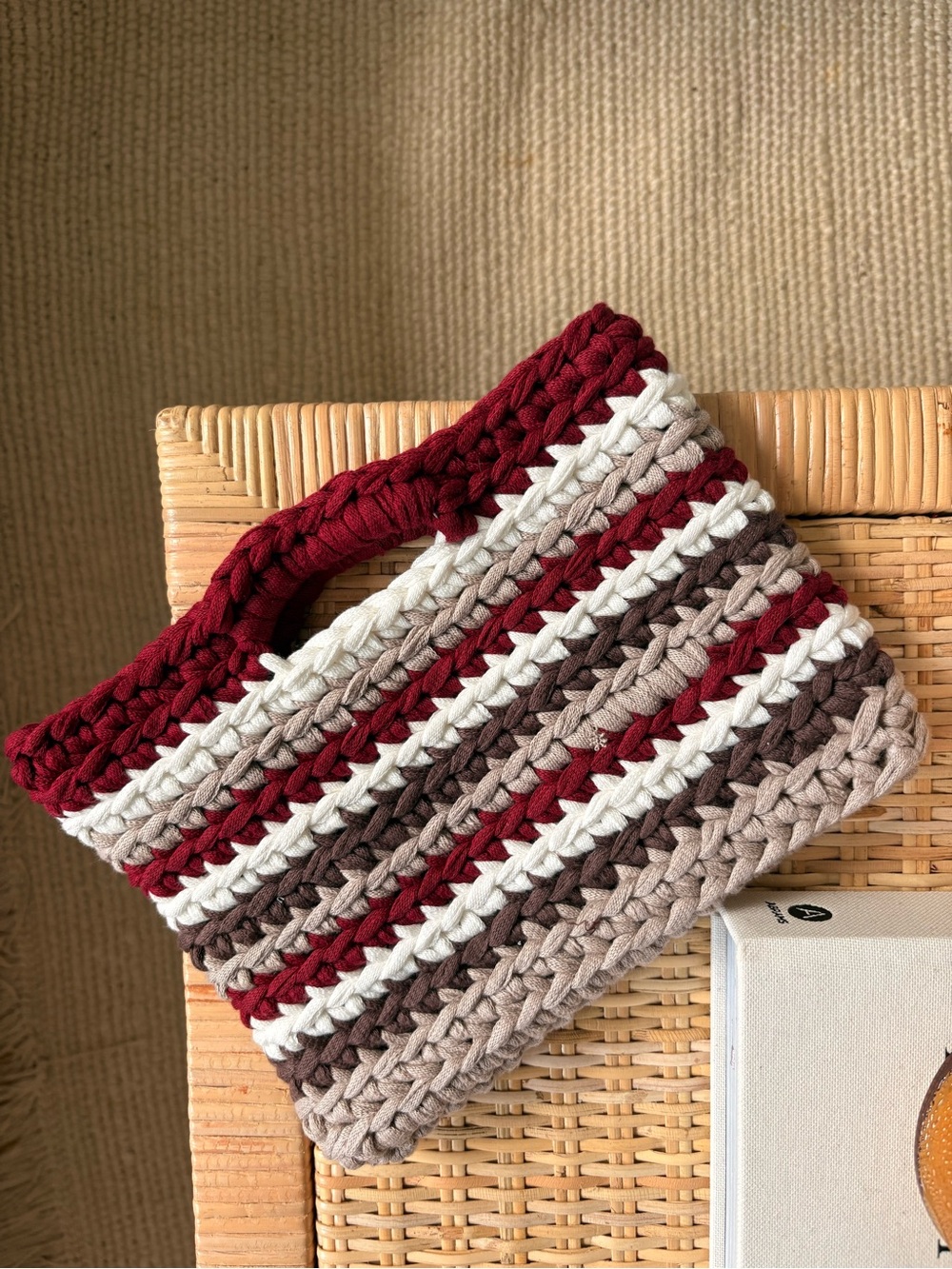 Handwoven Striped Crochet Tote Bag - Red, White & Brown